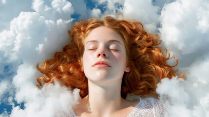 Young redhead female sleeping on a pillow made of soft clouds. Air dreams. Soft heavenly bed
