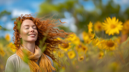 A middle-aged woman enjoys a moment of calm and relaxation with her eyes closed in a field of sunflowers, listening to the wind in her face, being fully aware of the present moment. meditation.