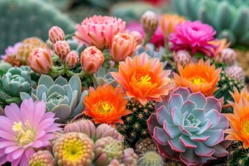 Fototapeta premium blooming bright colorful succulent plants and cacti on display in the garden