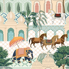 Elephant, horses, palm trees in the town oriental seamless pattern. Indian wallpaper.	 - 733463149