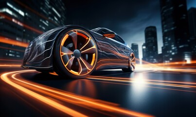 The intriguing composition of a car tire moving forward along dazzling energy paths symbolizes futuristic innovation and renewable energy production. Ideal for technology-themed designs