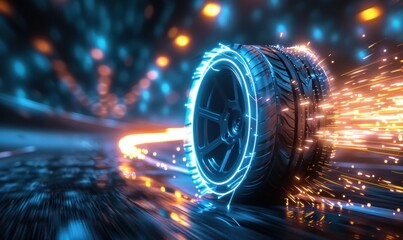 A futuristic tire zooms towards the viewer amidst luminous energy trails, evoking concepts of speed, innovation, and sustainable energy. Perfect for futuristic themes