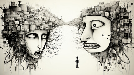 Abstract illustration of two large surreal faces and solitary figure. Cityscape within faces symbolize chaos or order mental illness, dual reality of schizophrenia, complex thoughts human psyche.