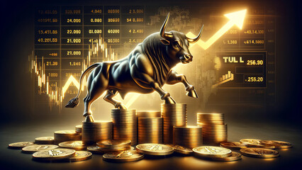 Bull Market Surge with Golden Bitcoin Coins - obrazy, fototapety, plakaty
