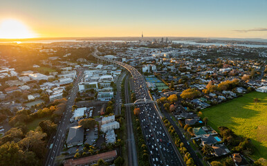 Motorway in  Auckland at sunset, New Zealand.
