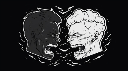 Illustration of two faces, black and white, in stark confrontational scream, aggressive expressions, intense confrontation, clash, internal struggle. Concepts psychological conflict, Mental health.
