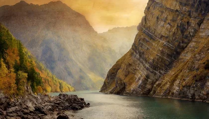 Papier Peint photo autocollant Denali Mountain landscape with a lake in the mountains.
