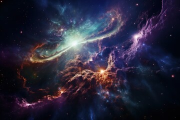 Naklejka premium Dive into the depths of space with this high-contrast image of a supernova galaxy, featuring striking tones of blue, green, and purple. Ideal for captivating, realistic wallpaper designs