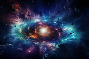 Obraz na płótnie Canvas Dive into the depths of space with this high-contrast image of a supernova galaxy, featuring striking tones of blue, green, and purple. Ideal for captivating, realistic wallpaper designs