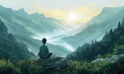 Fotobehang panoramic view of a tranquil mountain landscape where a lonely yogi meditates while looking at the fog in the valley © Jam