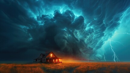 Large lighting storm at night with house in foreground, desktop background, AI-generative