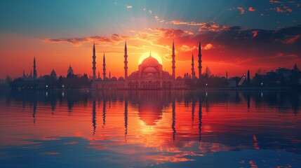 Naklejka premium Tranquil sunset scene featuring a stunning mosque with tall minarets, casting beautiful reflections on the water, ideal for minimalist Islamic-themed laptop wallpapers