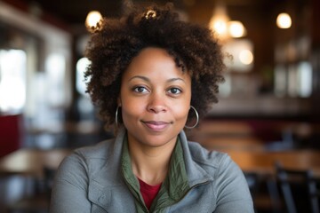 Fototapeta premium beautiful afroamerican woman with bright clear eyes with wireless headphones ,wearing casual dress