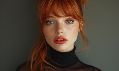 Fototapeta premium redhead supermodel on dsrk background, stunning beauty model, high ponytail, bangs, shiny tight dress, toned body, thin waist, happy