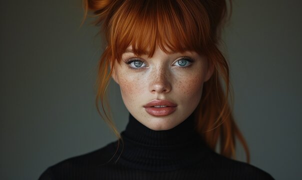 redhead supermodel on dsrk background, stunning beauty model, big beautiful eyes, red hair, high ponytail, bangs, thin waist, happy