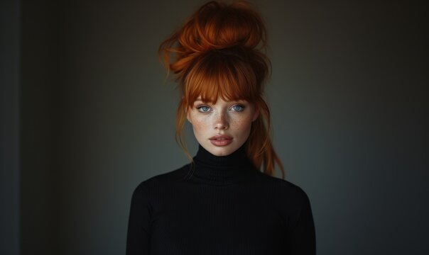 redhead supermodel on dsrk background, stunning beauty model, big beautiful eyes, red hair, high ponytail, bangs, shiny tight dress, toned body, thin waist, happy