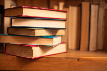 copy space some novels stacked in a university bookcase world book day