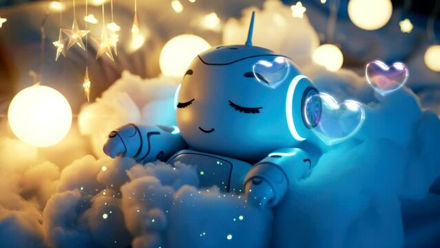 Lullaby For Babies video template looping cute baby robot sleep on cloud, relax and nice dream on night 4k quality	