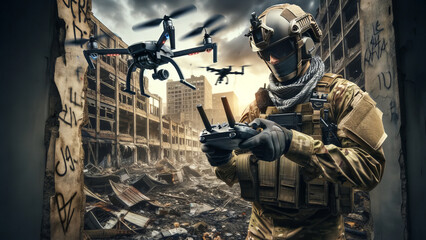 Soldier with Remote Control Operating Drone Over Ruins