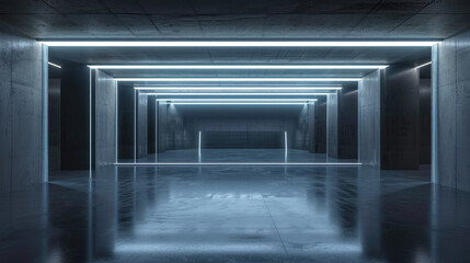 Underground garage background, empty blue grey parking with columns and lines of led light, stone or concrete interior of modern hallway. Concept of futuristic room, hall, warehouse