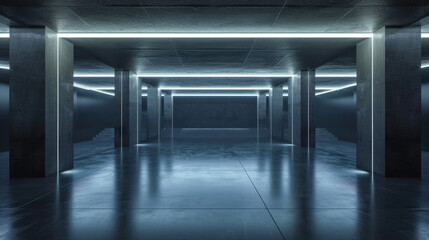 Fototapeta premium Underground garage background, empty grey room with columns and lines of led light, stone or concrete interior of modern hallway or studio. Concept of hall, warehouse, parking