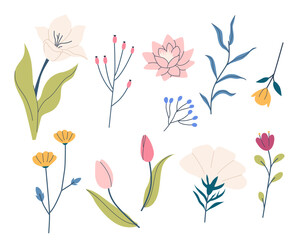 set with cute spring flowers and leaves in flat style. Spring summer flower collection with leaves, floral bouquets. Elements design for fabric, wrapping, textile, wallpaper. Folk style. Posters