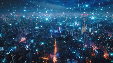 Smart city at night, tall buildings with communication network, abstract energy lines on cityscape background. Concept of connect, iot, future, digital wireless technology, data, urban