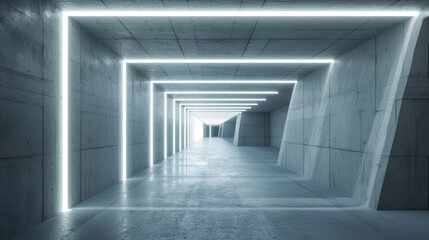 Futuristic concrete corridor background, minimalist design of grey garage with lines of led light. Perspective view of tunnel or warehouse. Concept of hall, room, interior, building