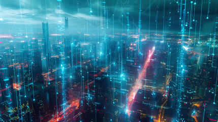 Smart city at night, aerial view of modern buildings with communication network, abstract energy lines on cityscape background. Concept of connect, iot, future, digital technology