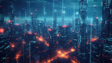 Futuristic smart city at night, modern buildings with communication network, abstract energy lines on cityscape background. Concept of connect, iot, future, digital technology, industry.