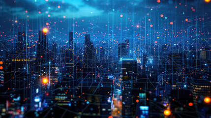 Smart city at night, tall buildings with communication network, abstract energy lines on cityscape background. Concept of connect, iot, future, digital wireless technology, data, industry - obrazy, fototapety, plakaty