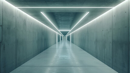 Underground concrete corridor background, minimalist design of abstract garage with lines of led light. Perspective view of tunnel or warehouse. Concept of hall, room, interior