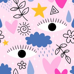 Abstract cartoon retro doodle seamless eyes and hearts and flower pattern for fabrics and summer print