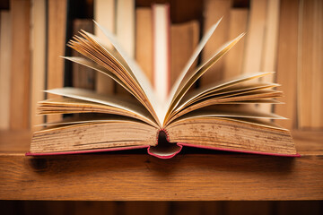 open book in half in old bookcase world book day