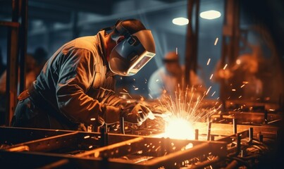 Workers wearing industrial uniforms and Welded Iron Mask at Steel welding plants, industrial concept