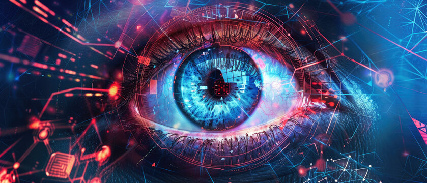 Eye of person working with digital data, abstract network information background, banner with cyber security theme. Concept of ai, technology, spy, hacker, hack, art