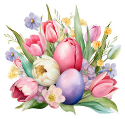 Fototapeta premium PNG Watercolor illustration of floral arrangement with assorted Easter eggs tulips and daffodils spring flowers on transparent background