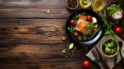 Wooden plate with tasty salmon fillet salad on wooden table, flat lay with copy space - AI Generated