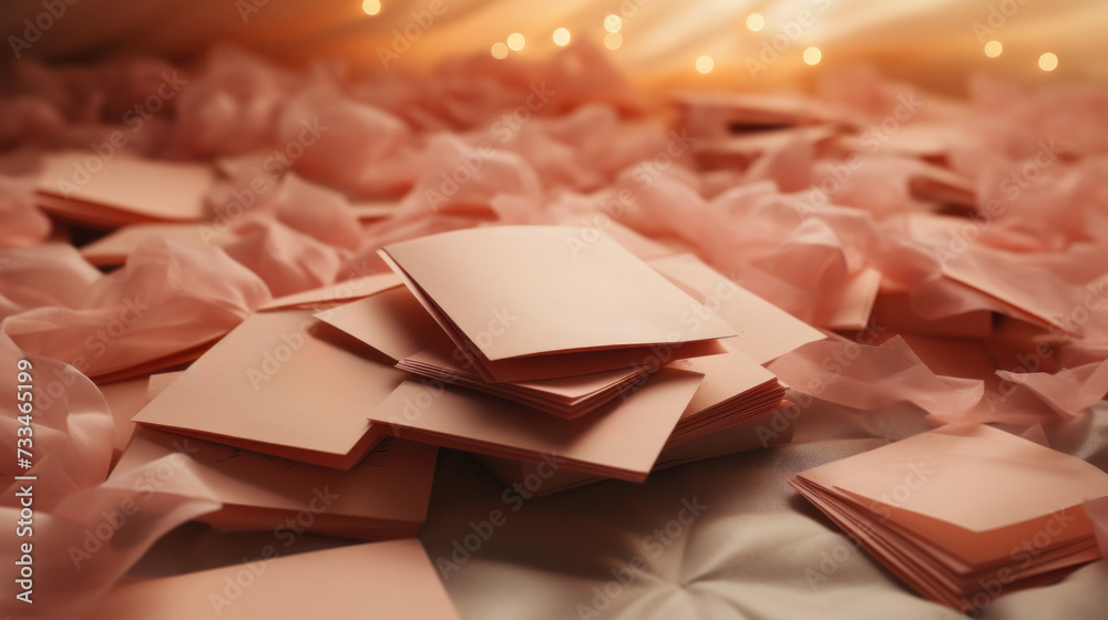 Poster A pile of pink peach fuzz papers on a bed with lights shining, AI