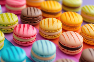 Fototapeta na wymiar Colorful French Macarons Display., street food and haute cuisine