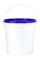 White plastic bucket with colored lid isolated on a white background.