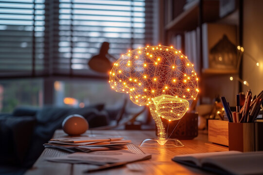 Illuminated wireframe brain lamp on a desk Generative AI image