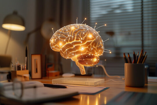 Illuminated brain concept in modern workspace setting Generative AI image