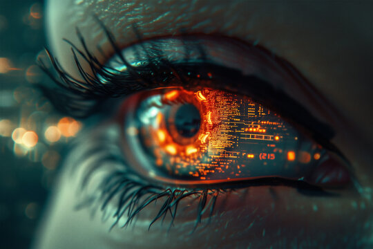 Close-up of a Human Eye with Digital Circuitry Overlay Generative AI image