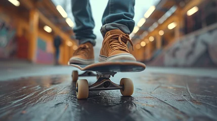 Fotobehang Close-Up on Skateboard and Skater's Footwear in Urban Setting © Denis