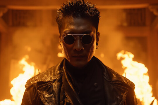 Intense man with sunglasses in fiery backdrop Generative AI image