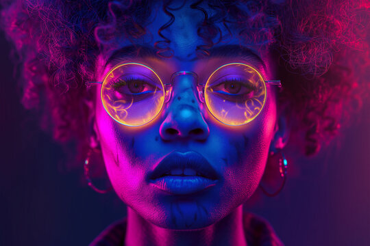 Neon glow portrait of a young woman with stylish glasses Generative AI image