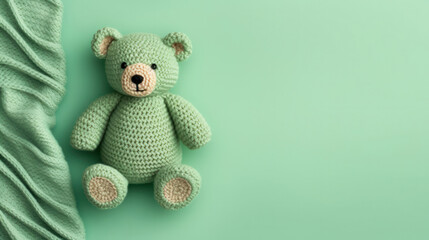 A small knitted amigurumi bear toy on a green blanket, on a green background. Flat lay, top view, copy space. space for text