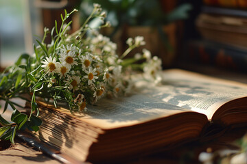 Vintage Book and Fresh Daisies in Warm Light Generative AI image