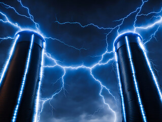  Intense electricity between two giant tesla coil towers. - Generative AI
